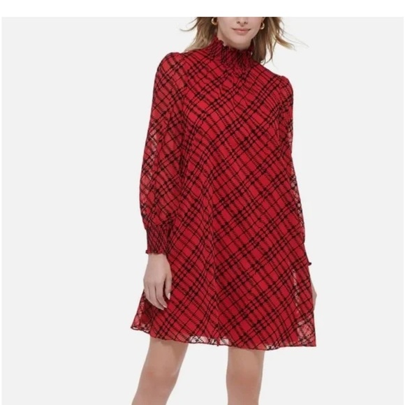 2023 Tommy Hilfiger Red Plaid Chiffon Mock Neck Shift Dress Size 6 - Picture 1 of 10